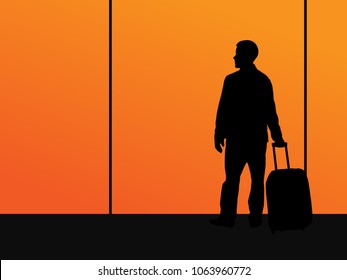 Man with a suitcase is waiting. Black silhouette on against the sunset in the windows of the airport. Vector illustration.