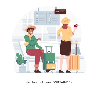Hombre con maleta esperando un vuelo de vacaciones en el aeropuerto. Ilustración del concepto de vacaciones y turismo