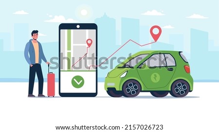 A man with a suitcase is waiting ordered taxi eco car. An electric taxi arrived for a client who called it using a mobile app. Environmentally friendly transport, carsharing. Vector banner, flat city.