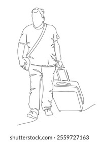 Man with suitcase walking. Continuous line drawing. Black and white vector illustration in line art style.