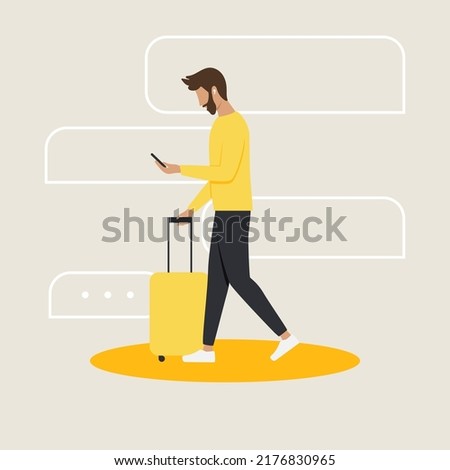 Man with suitcase walking and texting on smartphone. Chatting on the go. Text bubbles in the background. Concept illustration of being always online and connected.
