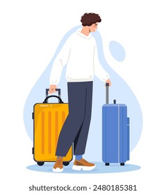 Man with suitcase. Young guy with luggage and baggage in airport. Tourist and traveler. Holiday and vacation, tourism and travel, trip. Cartoon flat vector illustration isolated on white background
