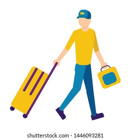 Man with suitcases, flat design. Man rolls baggage. Vector illustration