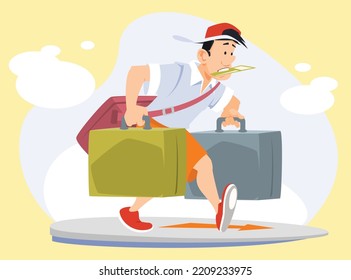 Man with suitcases hurries to rest. Funny people. Illustration concept template for website, web landing page, banner, presentation, social, poster, promotion or print media.
