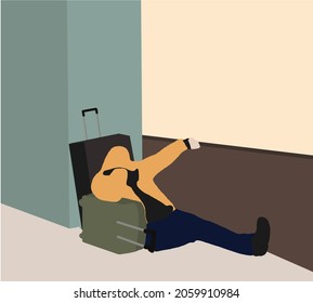 Man with suitcases sleeping on airport floor waiting for delayed flight. Color flat cartoon vector illustration