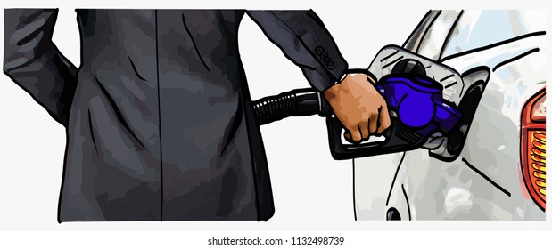 Man in suits hand refilling the car with fuel. Man in suits refuel station. Pump gas. Vector illustration.EPS10