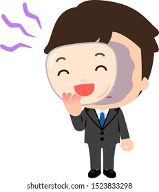 Man in suits putting smiling mask on his face
