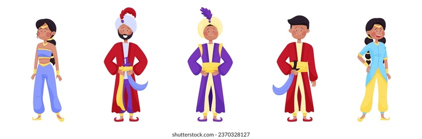 Man Sultan in Turban and Woman Princess from Arabian Fairy Tale Character Vector Set