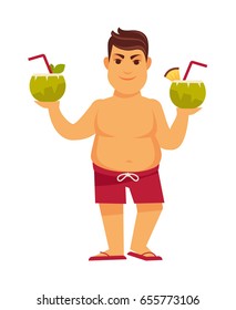 Man at summer beach on holiday vacations vector flat cocktails