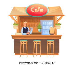 Man in summer cafe terrace outdoor scene. Restaurant outside with bar counter vector illustration. Seller or barista at desk making cocktail, wooden cafe on white background.