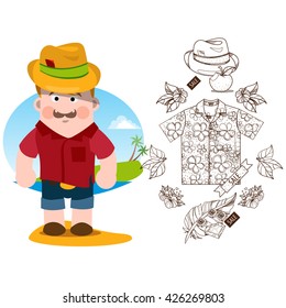 Man in summer clothes. Beach things. Shirt, hat, feather color illustration.