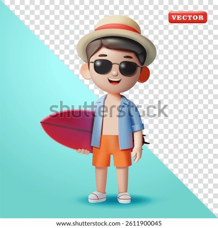 Man in summer clothes holding surfboard, 3d vector. Suitable for both vacation and business