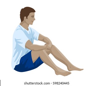 Man in summer clothes sitting and having rest isolated on white