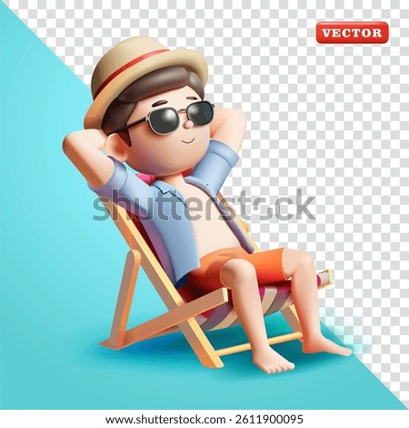 Man in summer clothes sitting relaxed on beach chair, 3d vector. Suitable for both vacation and business