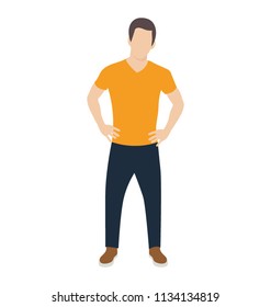 
Man in summer outfit with half sleeves t-shirt and pants with akimbo gesture 
