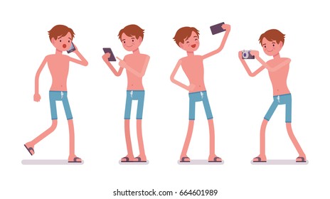 Man in summer wear with gadgets, blue swim trunk shorts, beach shoes, perfect holiday look, making selfie, phone talking. Vector flat style cartoon illustration, isolated, white background