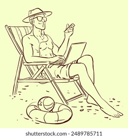 A man in sun glasses working on the beach vector for illustration, card, decoration