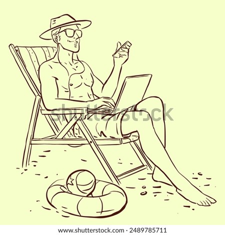 A man in sun glasses working on the beach vector for illustration, card, decoration