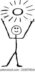 A man with the sun, a model of a man with his hands raised to the sun