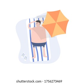 Man sunbathe and sleep on the beach. cartoon character.