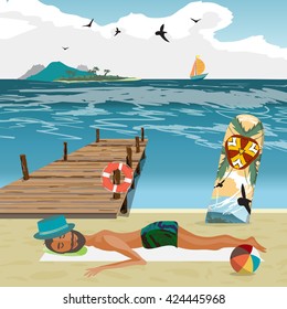 Man sunbathes on the beach after a day on surfing. Sea landscape summer beach, surfboard stuck in the sand. Wooden pier on the beach in hot summer day. Vector flat cartoon illustration