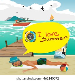 Man sunbathes on the beach after a day on surfing. Sea landscape summer, surfboard stuck in the sand. Wooden pier on the coast in hot day. Vector flat cartoon illustration