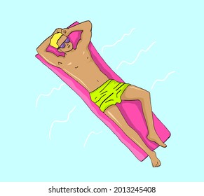 A man sunbathes on a water mattress.