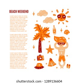 Man sunbathes in the summer on the beach. Text template