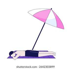 Man sunbathing face down under beach umbrella 2D cartoon character. Parasol shade beachgoer boy lying on towel in swim trunks flat vector faceless person isolated on white. Spot illustration colorful