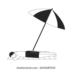 Man sunbathing face down under beach umbrella 2D line character. Parasol shade beachgoer boy lying on towel in swim trunks isolated vector ink outline person faceless. Monochromatic spot illustration