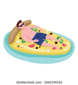 Man sunbathing flat color vector faceless character. Male tourist rest on inflatable pizza toy. Person in sunglasses tanning. Guy relaxing on air mattress isolated cartoon illustration