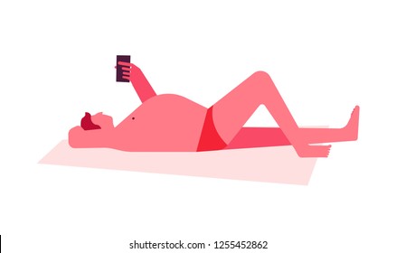 Man sunbathing lying on blanket on beach and looking at cell phone vector person having vacation by coast getting tan tanning male looking at smartphone sunbathe hobby of human on holidays summer.