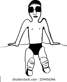 man sunbathing on the beach in black sunglasses