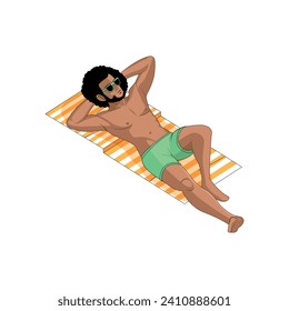 Man Sunbathing on the Beach in a Cartoon Isolated Vector Illustration