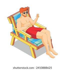 Man Sunbathing on the Beach in a Cartoon Isolated Vector Illustration