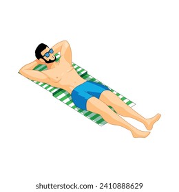 Man Sunbathing on the Beach in a Cartoon Isolated Vector Illustration
