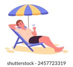 Man sunbathing on beach. Guy relaxing on beach lounger under umbrella, male character on summer holiday vacation flat vector illustration. Cartoon man on beach