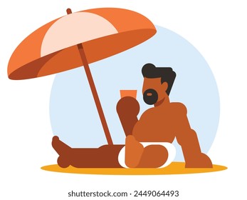 A man sunbathing on the beach sits under an umbrella and drinks a cooling drink. Vector graphics