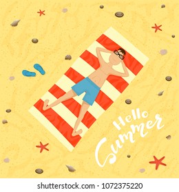 Man sunbathing on the beach and text Hello Summer on the sand, illustration.