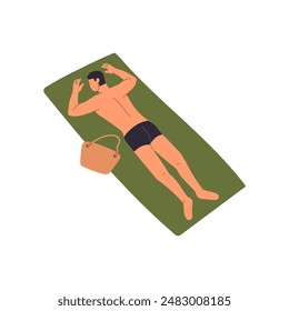 Man sunbathing on blanket on beach. Boy in swimsuit lying on seashore under sun on sea vacations. People relax, have a rest on summer holidays. Flat isolated vector illustration on white background