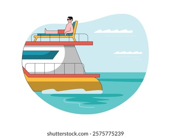 Man sunbathing on a yacht, enjoying a summer vacation. Character design. Vector flat illustration