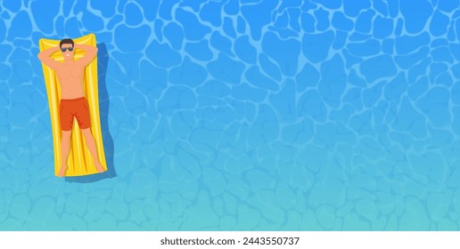 Mann sonnt sich von oben. Mann schwimmt auf aufblasbaren Schwimmern. Das Konzept von Urlaub und Reisen. Vektor-Illustration im flachen Stil