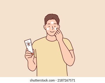 man with sunblock. Hand drawn style vector design illustrations.