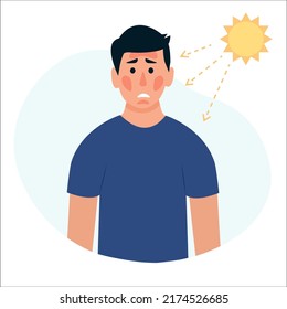 Man With Sunburn On His Face. UV Radiation Damage Skin In Hot Summer Day. Health Of The Skin. Vector Illustration