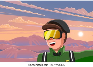 Hombre con gafas de sol con mochila, viajero o explorador parado en lo alto de la montaña o acantilado y mirando al valle al atardecer. Concepto de descubrimiento, exploración, caminatas, turismo de aventura y viajes