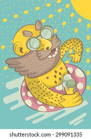 a man in sunglasses with a beard swimming in the sea under the sun. vector