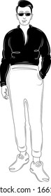Man in sunglasses and a black shirt. Character cartoon flat isolated colored drawing sketch continuous line minimalism illustration