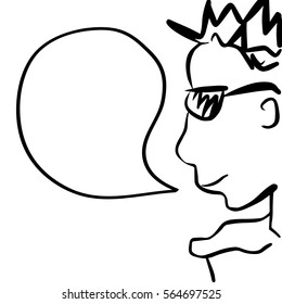 Man in sunglasses cartoon character with text bubble. Comic style drawing of young handsome man with speech bubble. Square monochrome image for template or background. Party goer or clubber caricature