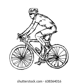 man with sunglasses cycling - vector illustration sketch hand drawn with black lines, isolated on white background