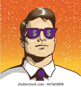 Man with sunglasses with dollar sign. Vector illustration in retro pop art style. Business success concept. Rich man thinking about money.